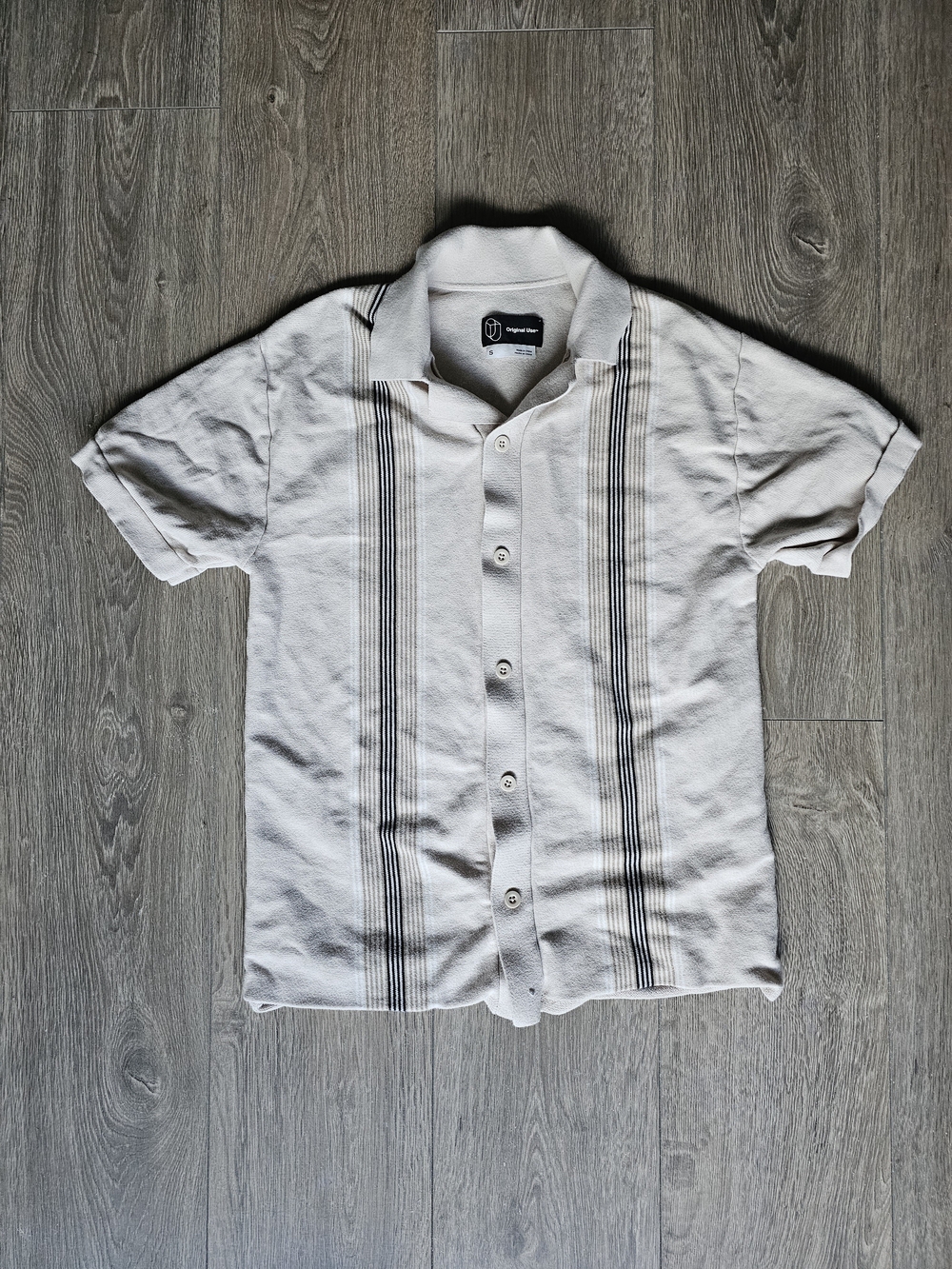 Original Use Cream Short-Sleeve Button-Down Shirt with Black Stripes